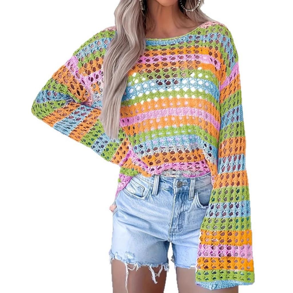 Spring Summer New Loose Round Neck Color Block Striped Knit Sweater for Women, European American Style Leisure Outerwear