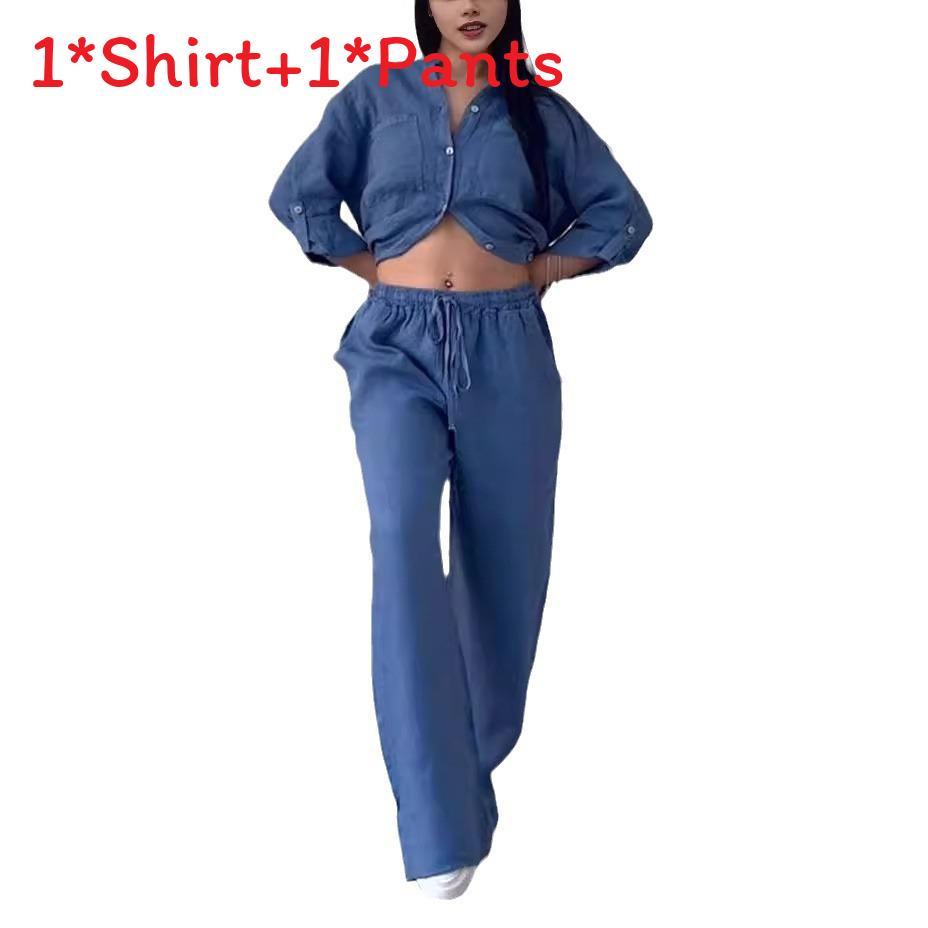 Casual Cotton Linen Shirt And Drawstring Wide Leg Pants Set For Women Spring