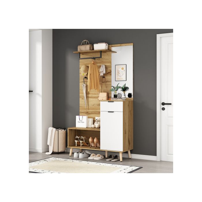 Ensemble vestiaire - MUVOE - 190 cm - Miroir - Banc à chaussures - Armoire à chaussures