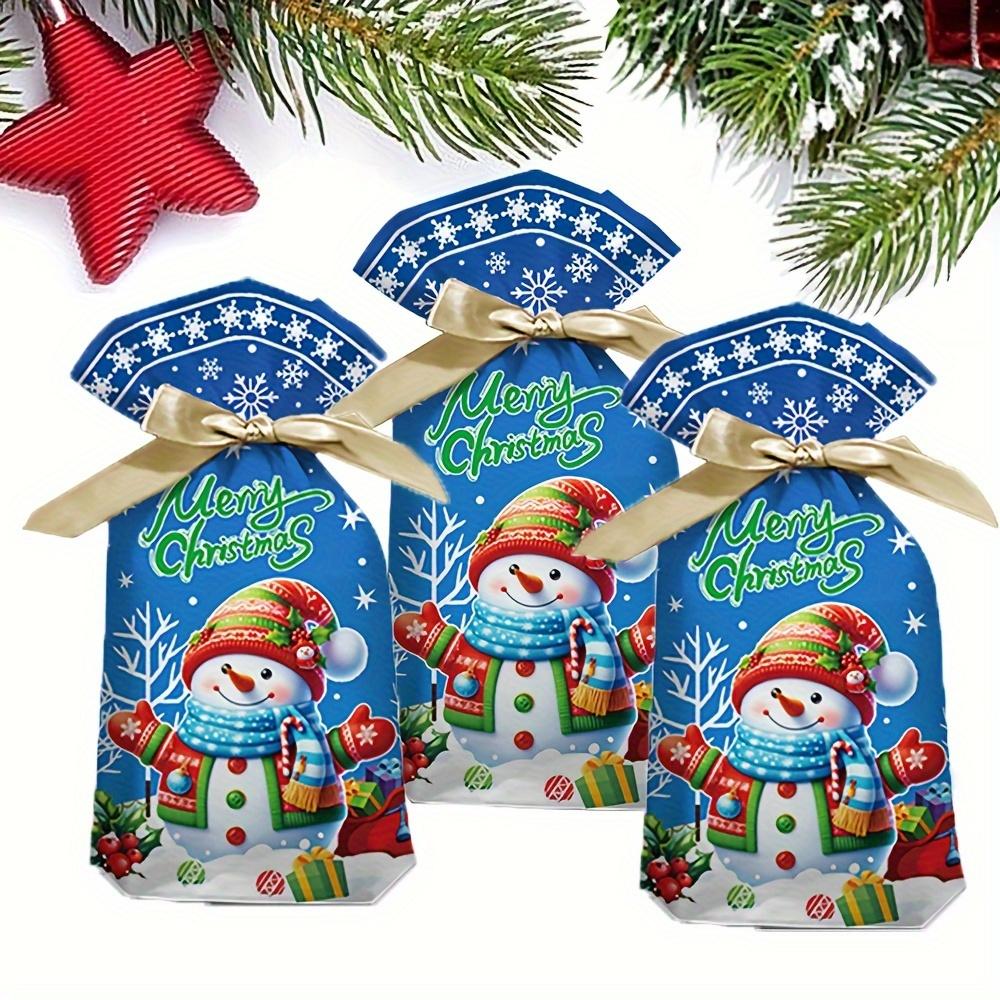 50pcs Christmas Drawstring Gift Bags, Festive Cartoon Reindeer, Santa, Snowman Designs, Plastic Party Favor Pouches with Ribbons for Holiday Presents