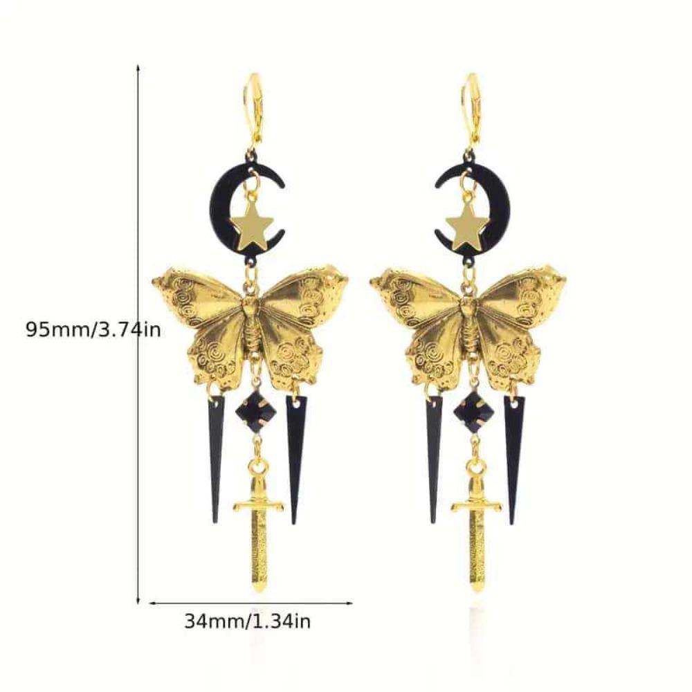 Retro Exaggerated Black Moon Gold Color Butterfly Star Sword-shaped Tassel Pendant Earrings for Women Exquisite Charm Jewelry