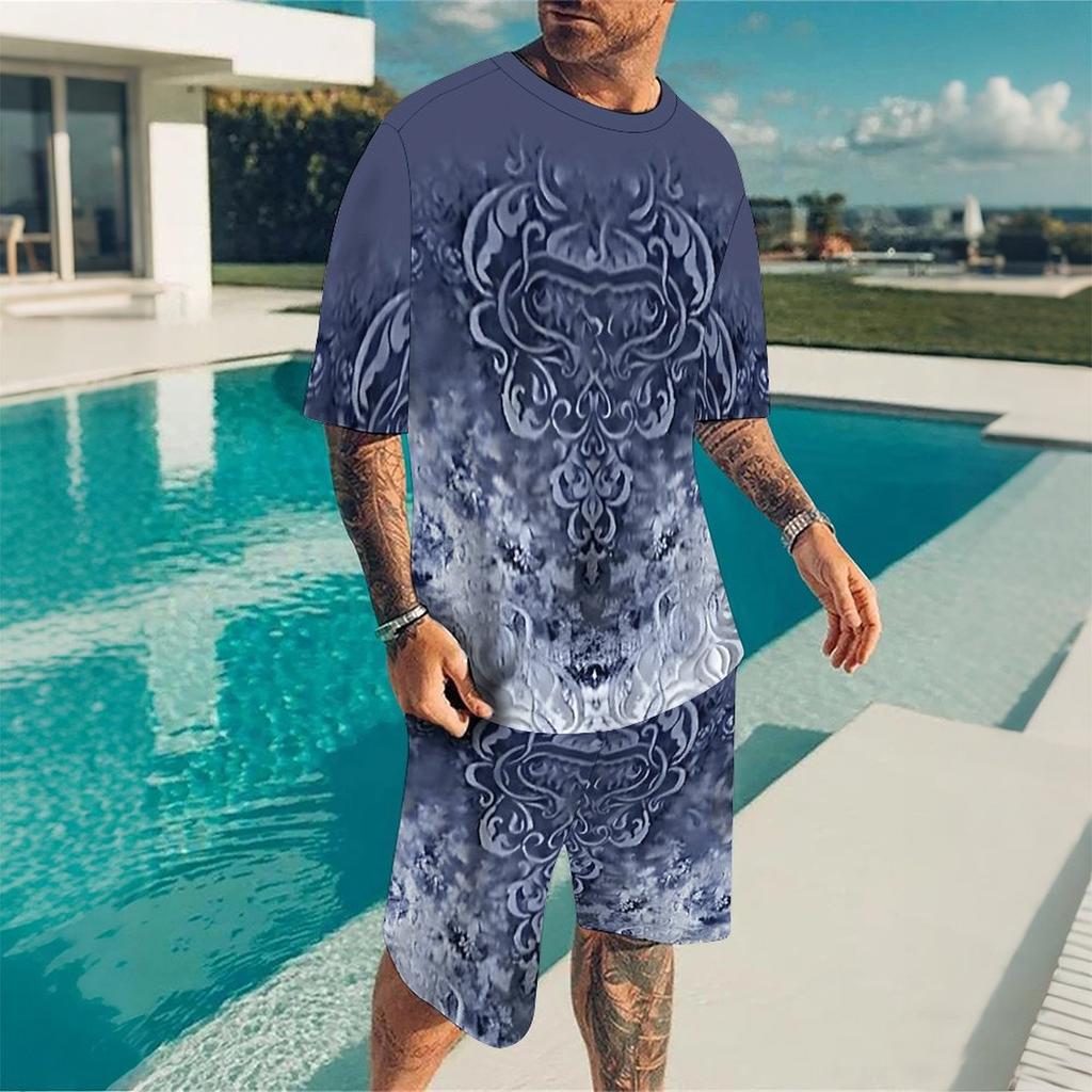 Men Black Gold Ethnic Peacock Border Print Short Sleeve Tee And Matching Shorts Two Piece Outfit