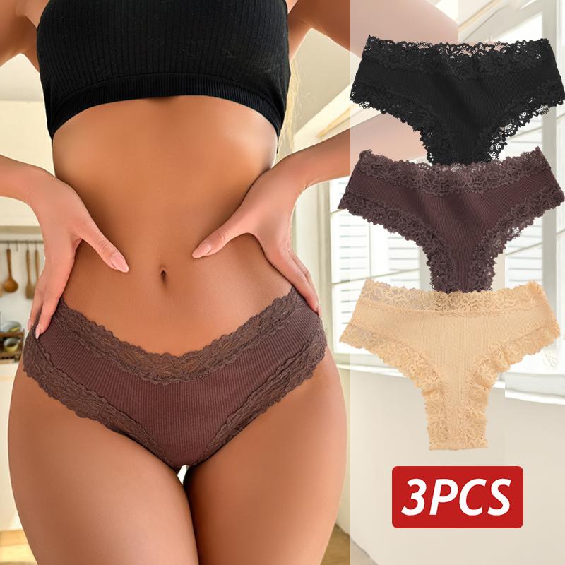 3PCS/Set Sexy Lace Panties for Women Cotton Brazilian Panties Female Low Rise Breathable Underwear Solid Colors Floral Lingerie