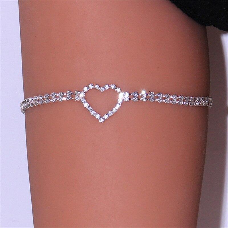 Motýlí/srdíčkový štrasový řetízek na nohy pro ženy Luxusní stříbrná barva/zlatá barva Full Bling Iced Out Body Stehno