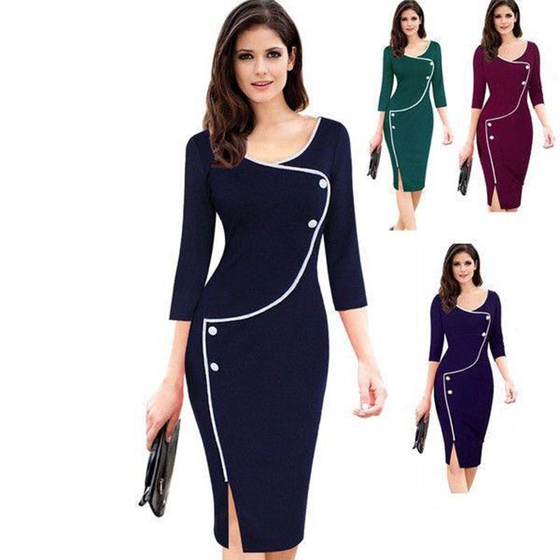 Elegant Womens Vintage Brief Split Bottom Dress With Timeless Deep O-neck Design