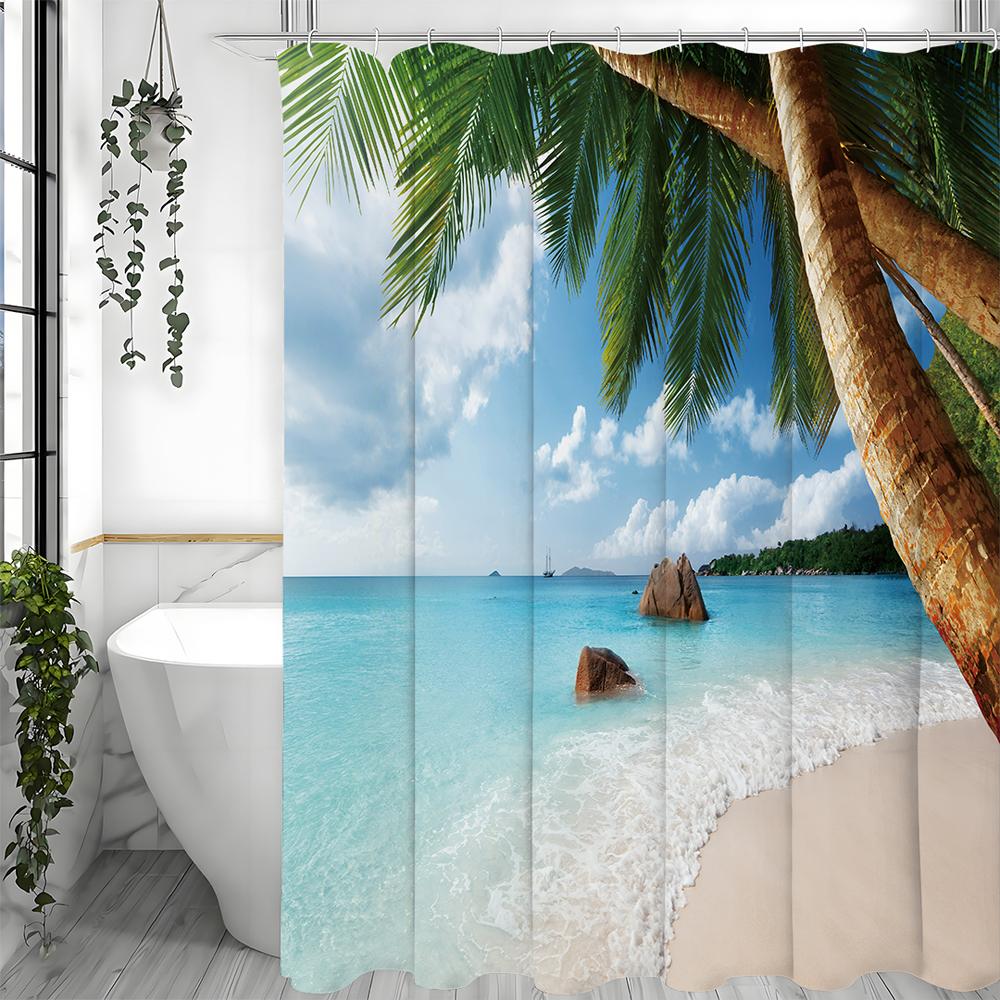 Ocean Beach Coconut Tree Shower Curtain, Bathroom Decorative Shower Curtain, Waterproof Shower Curtain with Hooks
