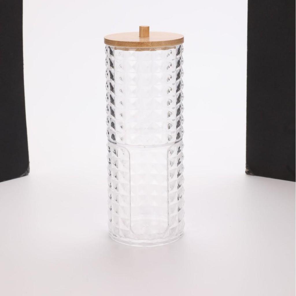 Diamond Pattern Cotton Pad Organizer with Wooden Lid - Multi-Purpose Desktop Storage Box