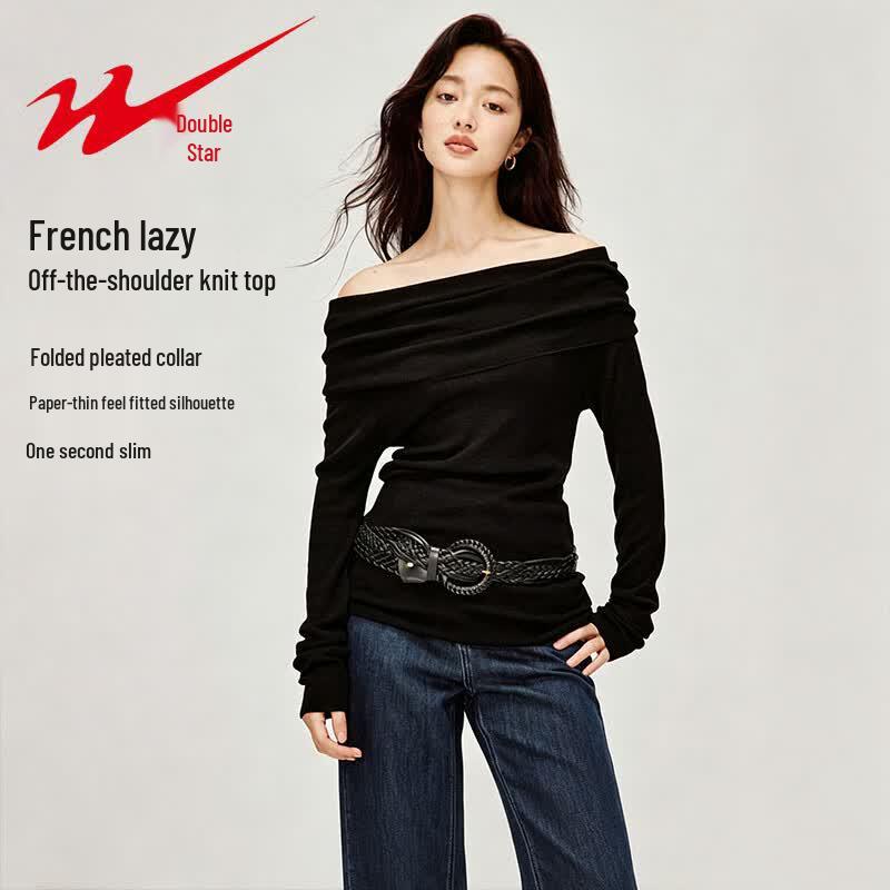 Shuangxing Women s Off-Shoulder Long Sleeve Slim Fit Knit Top M