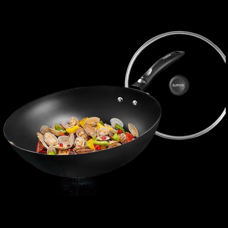 SUPOR Uncoated Rust-Resistant Cast Iron Wok with Glass Lid