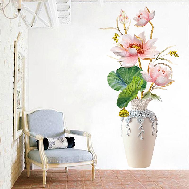 Lotus Leaf Vase Wall Stickers Aesthetic Home Decoration Removable Wallpaper Living Room Modern Art Mural Bedroom Creative Decals