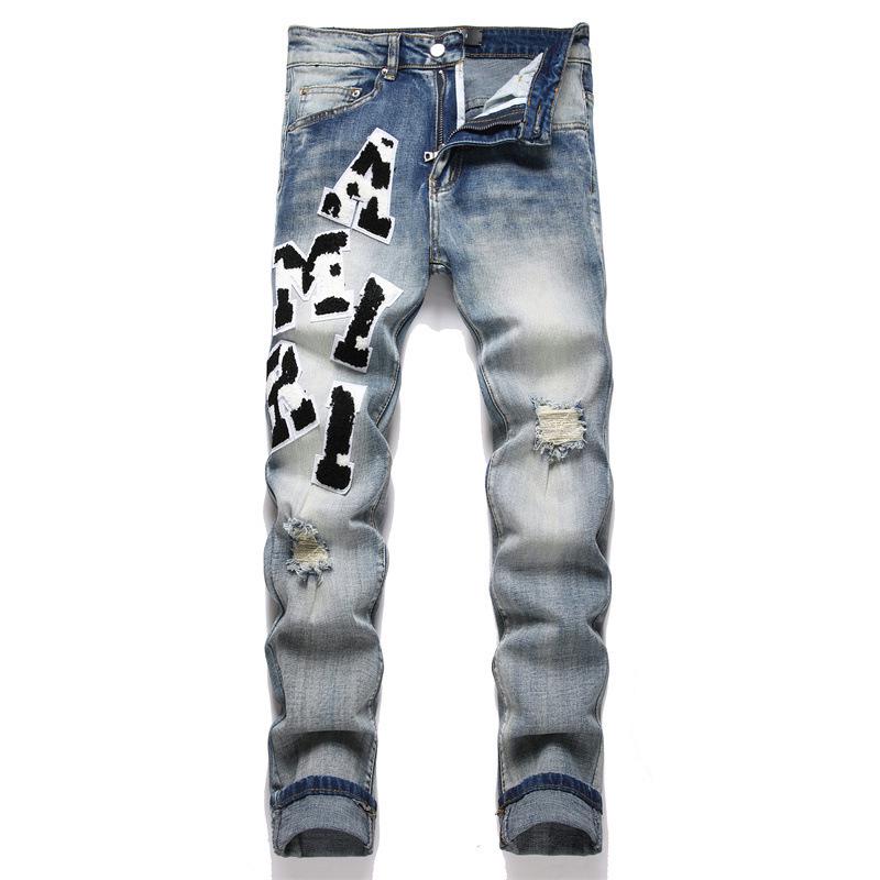 Washed Blue Embroidered Skinny Fit Men's Jeans