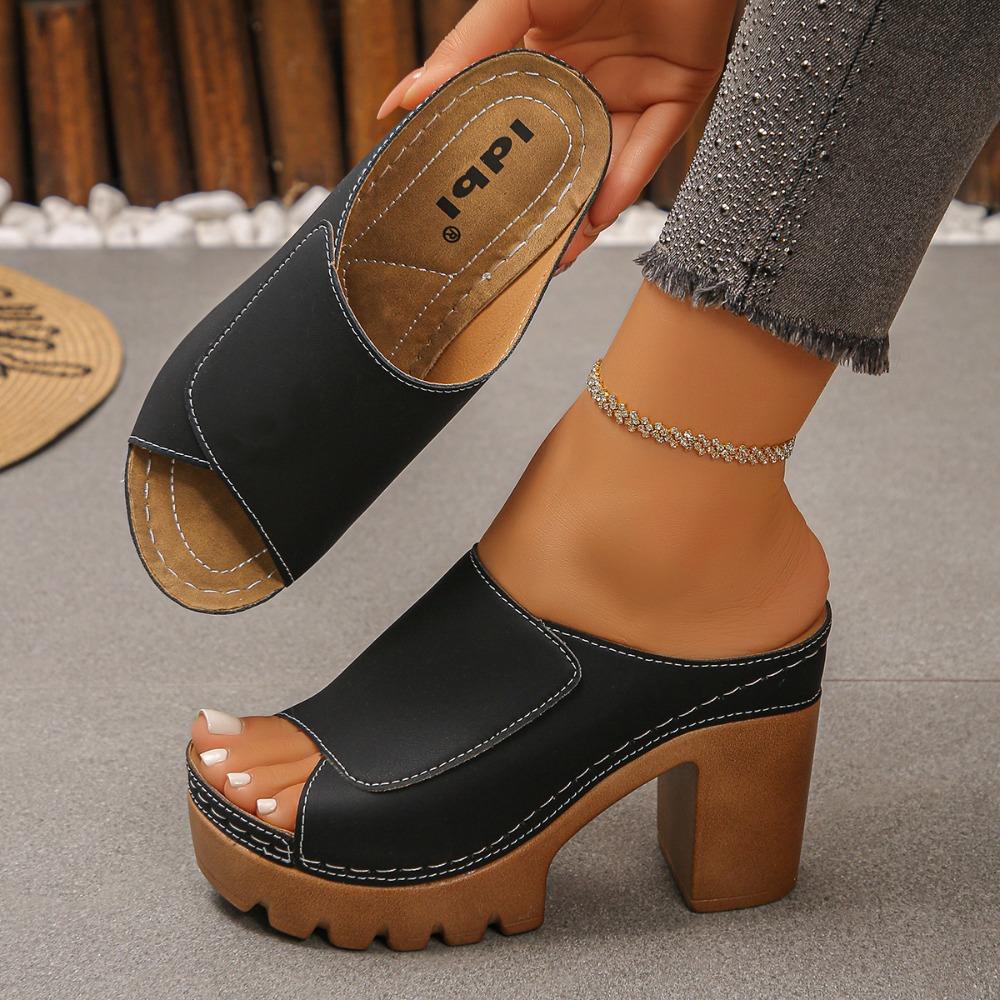 Plus Size Women Summer One Strap Thick Platform Chunky Heel Fish Mouth Slide Sandals Open Toe Height Increasing Beach Outdoor Shoes