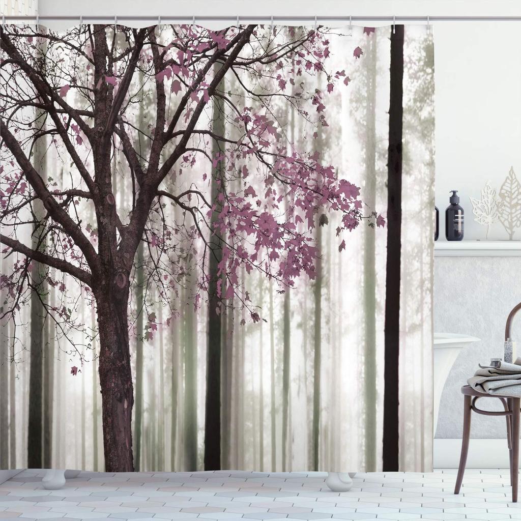 Autumn Shower Curtain,Fall Season Theme Forest Tree Leaves on An Abstract Woodland Background Bathroom Curtains with Hooks