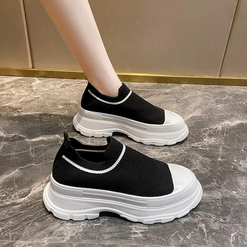 Thick Bottom Knitting Women's Vulcanize Shoes 2024 New Breathable Socks Shoes Casual Sneaker Slip on Tennis Non-slip Shoes Women