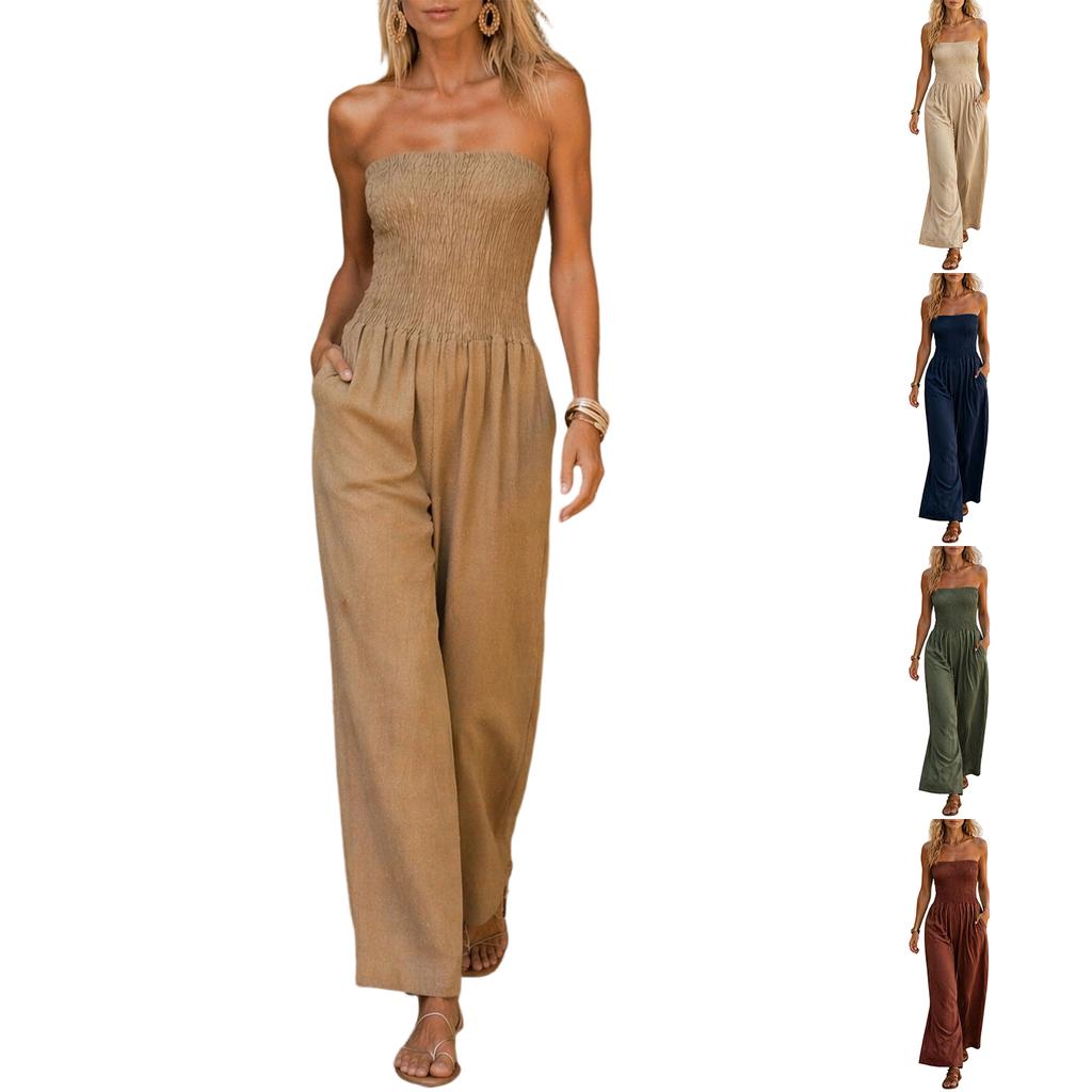 Damen Casual Trägerloser Jumpsuit Gerüschtes Schlauchoberteil Weite Hosen Ärmelloser Sommer-Romper mit Taschen