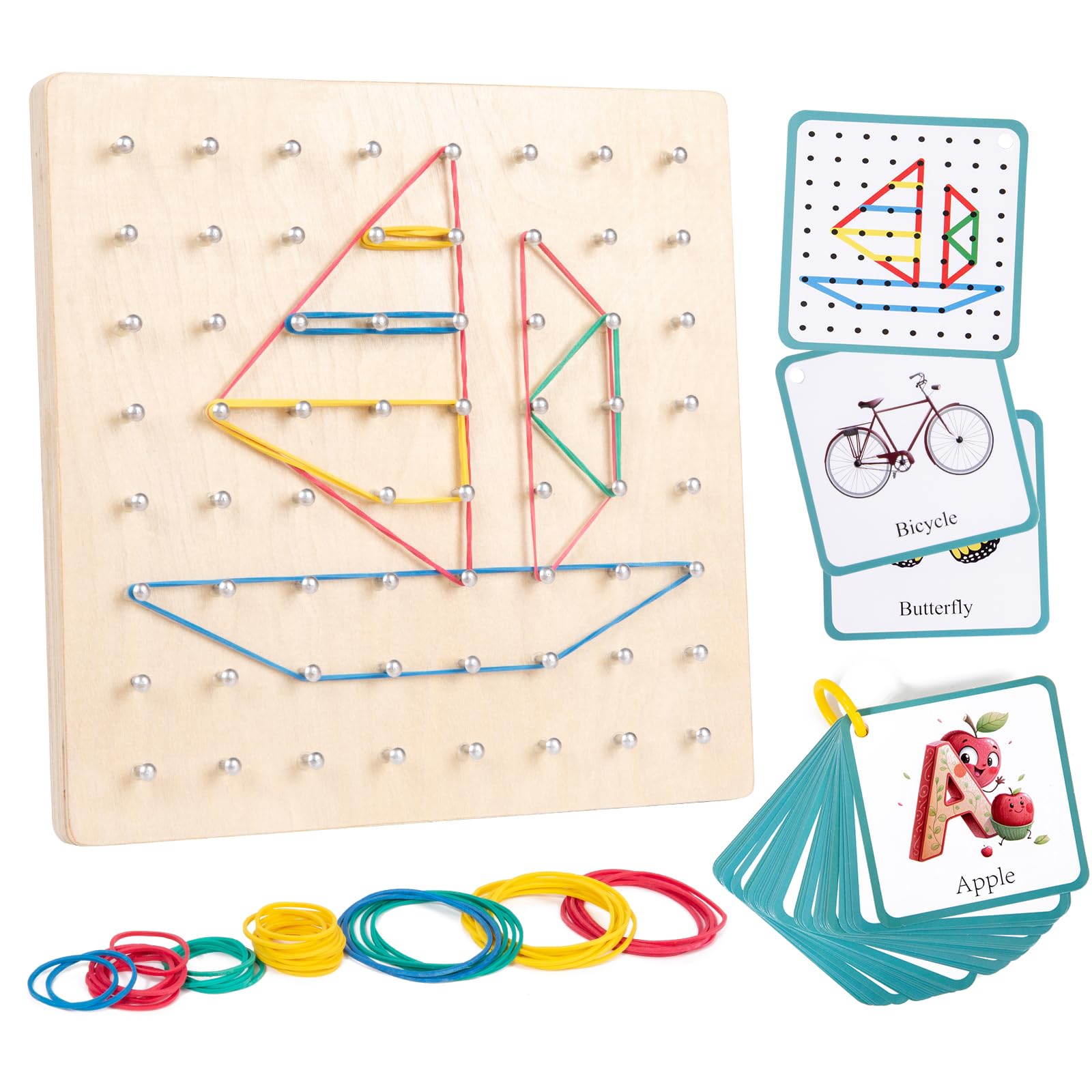 

Auvewilo Wooden Geoboard Includes Cute Flash Cards & Rubber Bands Educational Toy for Developing Spatial Awareness, Dexterity, and Cognitive
