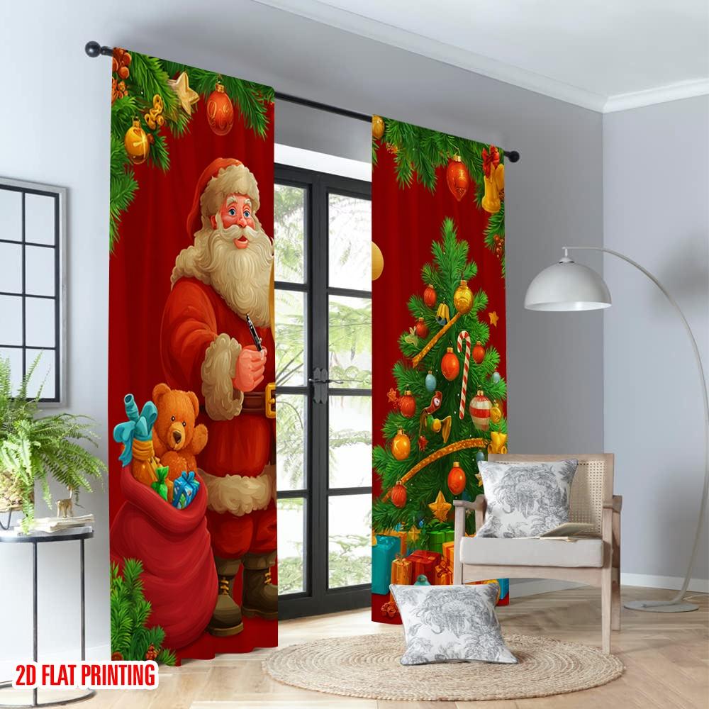 2pcs 2D flat printing Christmas Party Curtains Christmas Santa Claus Gift Tree Digital Printed Polyester Drapes Party & Holiday