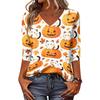 Women's Halloween Tops V-Neck Three-Quarter Sleeve Blouse Casual Tunic Shirt with Fun Pumpkin Print for