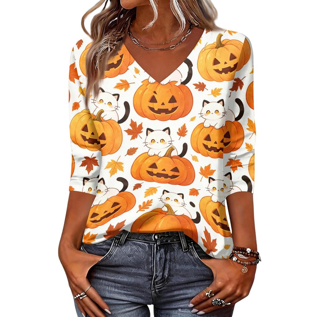 Women's Halloween Tops V-Neck Three-Quarter Sleeve Blouse Casual Tunic Shirt with Fun Pumpkin Print for