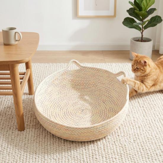 Cat Bed Basket Cotton Rope Pet Bed with Cat Ear Design Handwoven Sleeping Basket for Cats Puppies Rabbits Small Pets