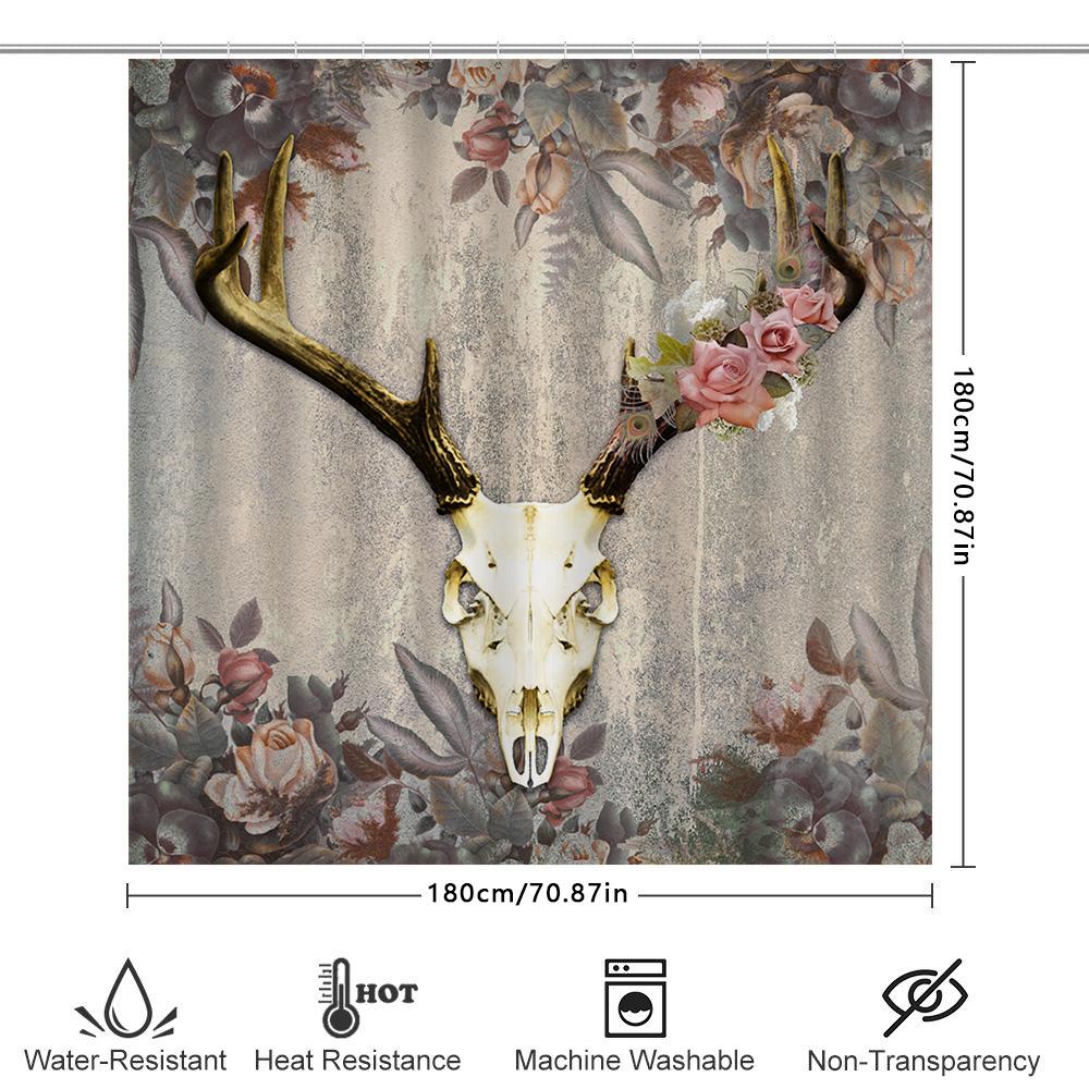 Vintage-inspired deer skull shower curtain with floral pattern perfect for rustic bathroom decor