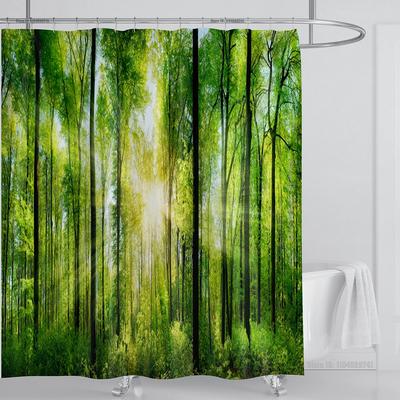 Cortina de chuveiro moderna com estampa 3D de floresta, cenário refrescante, à prova d'água, paisagem, planta verde, montanha, com ganchos, decoração de banheiro