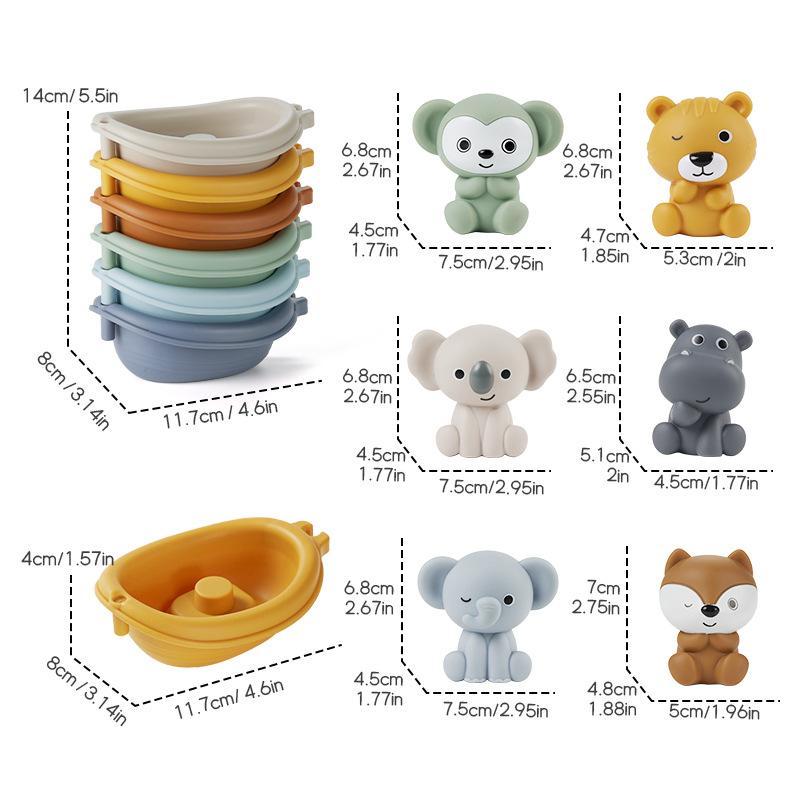 Stackable Animal Float Boats for Babies – Bath Time Water Play Set with Stacking & Finger Toy Features, BPA-Free & Soft Silicone