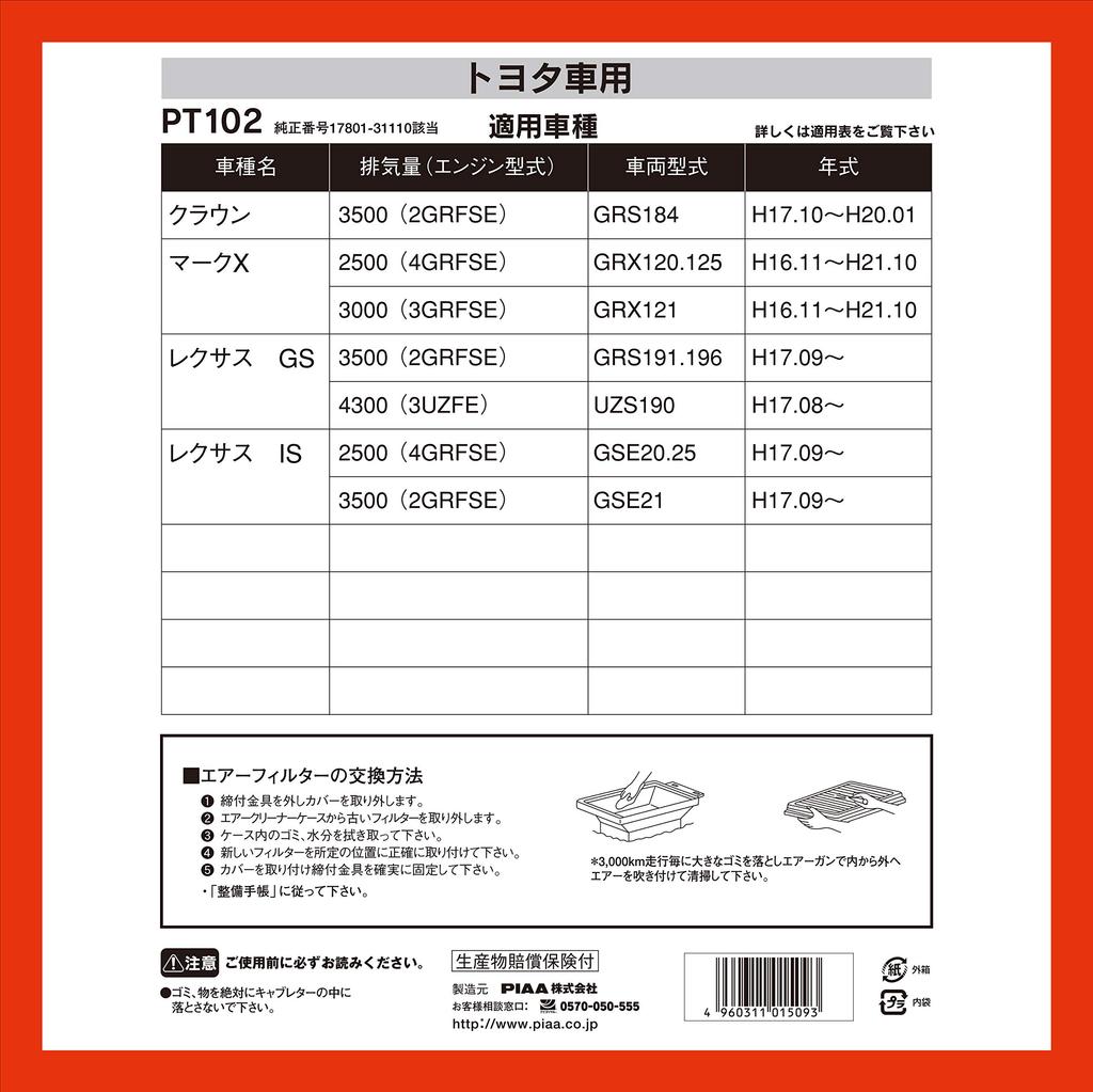 PIAA Car Air Filter Set Toyota Mark and Other Vehicles (PT102), 1-Piece [For Vehicles] Crown, X, Lexus,
