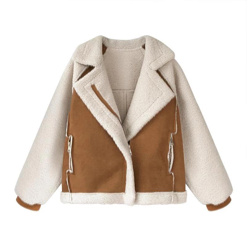 NEEDBO Frauen Winter Jacke Chic Faux Wildleder Pelz Kragen Mäntel Aviator Motorrad Biker Jacken Weibliche Lamm Wolle Mantel