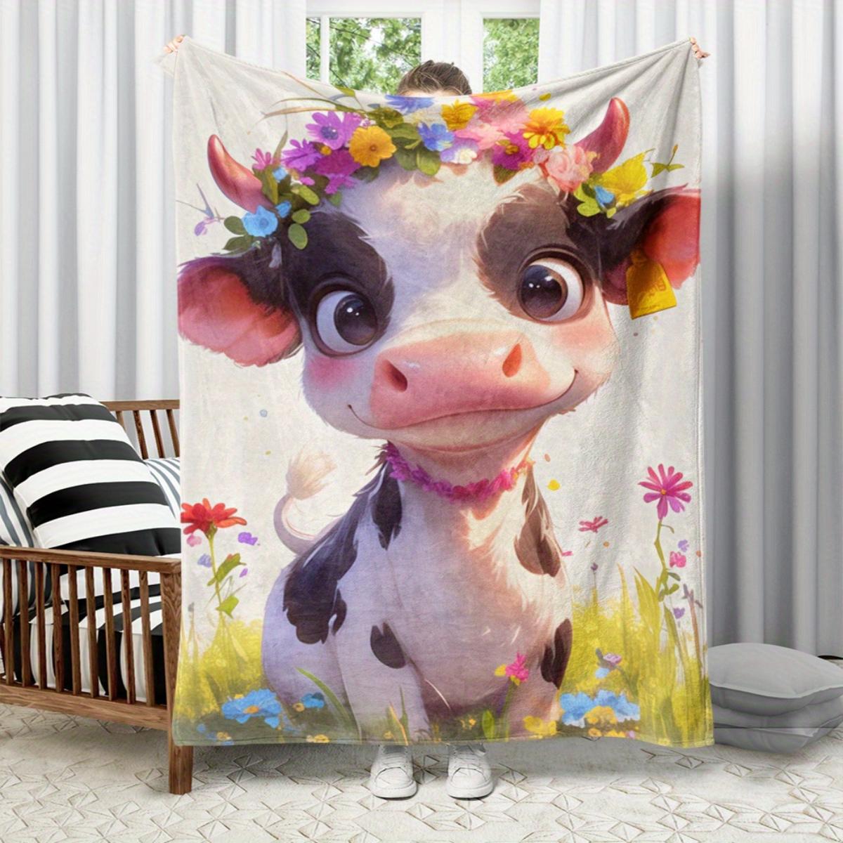 1 Floral cow pattern flannel blanket - soft and warm, suitable for camping, sofas, beds and chairs, a perfect holiday gift 130x150cm