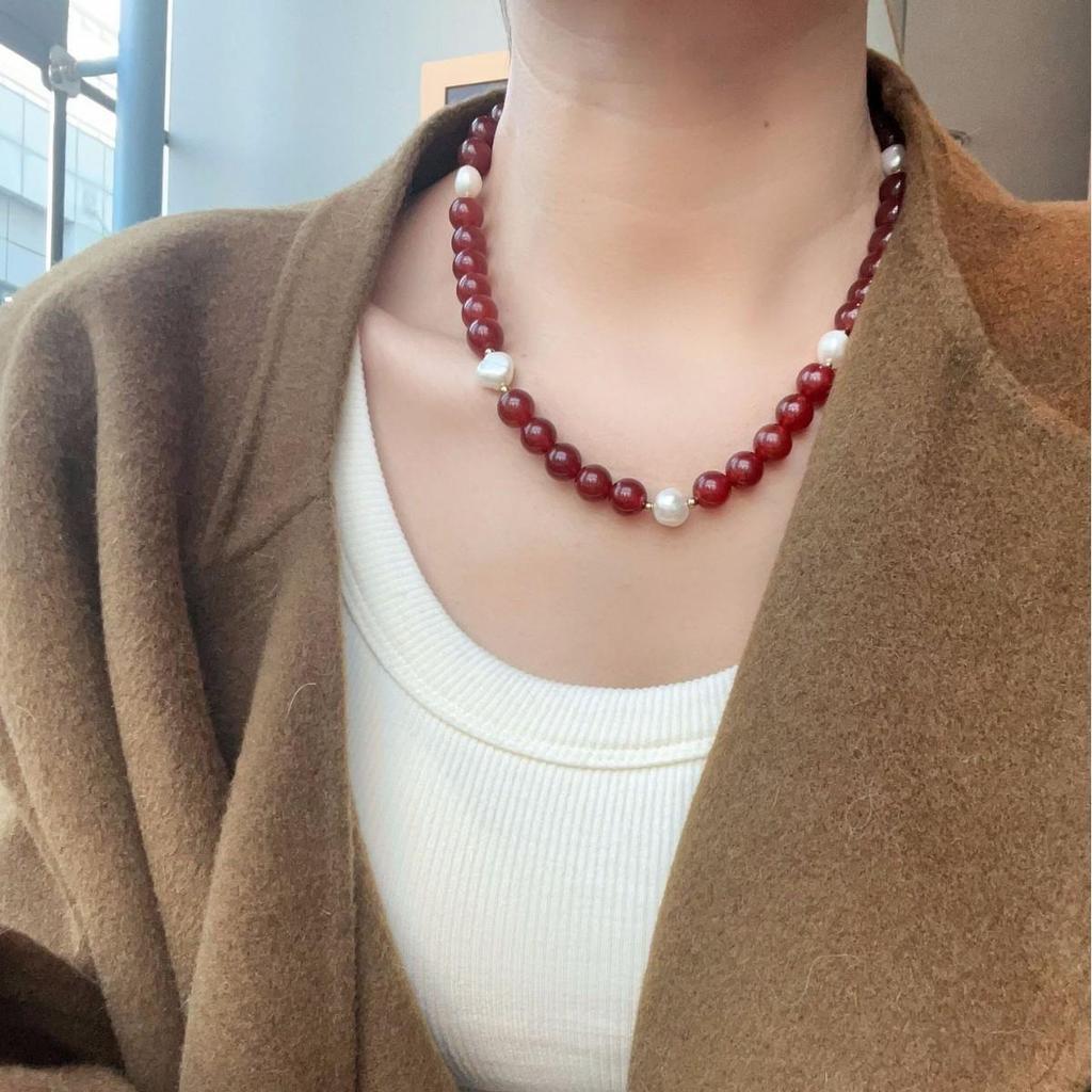 Baroque Freshwater Pearl & Red Agate Beaded Choker Necklace