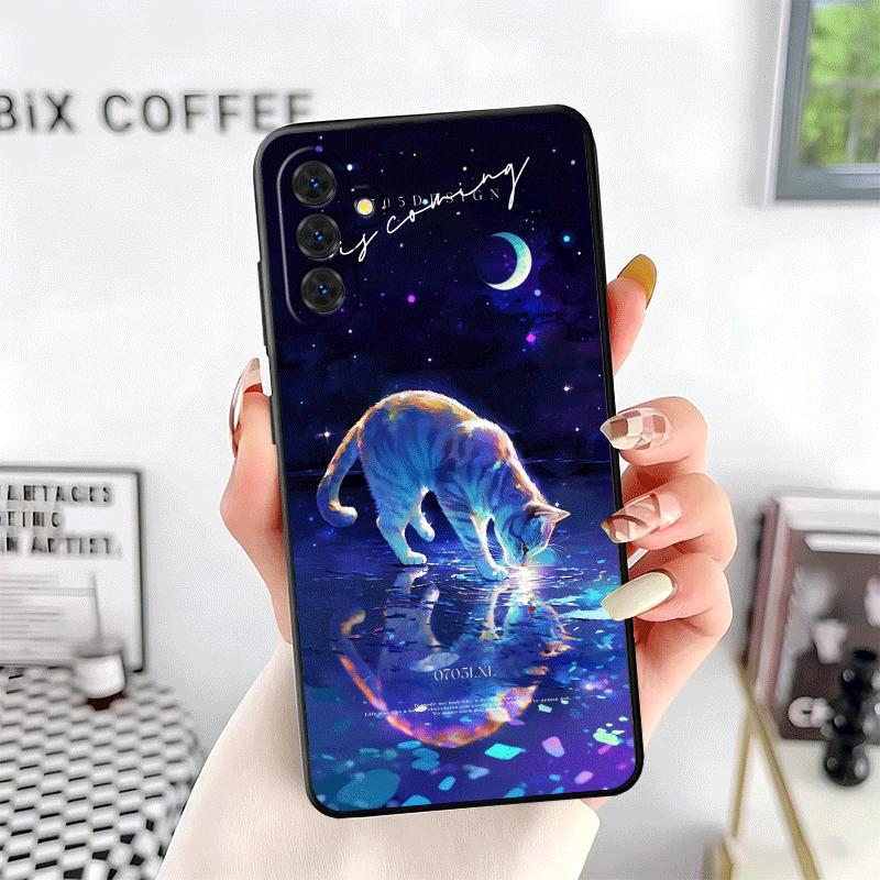 Night Moon Cat Dreamy Art Soft Phone Case for Samsung A17 A37 A57 A16 A26 A36 A56 A15 A25 A35 A55 A14 A24 A34 A54 A13 A23 A33 A5