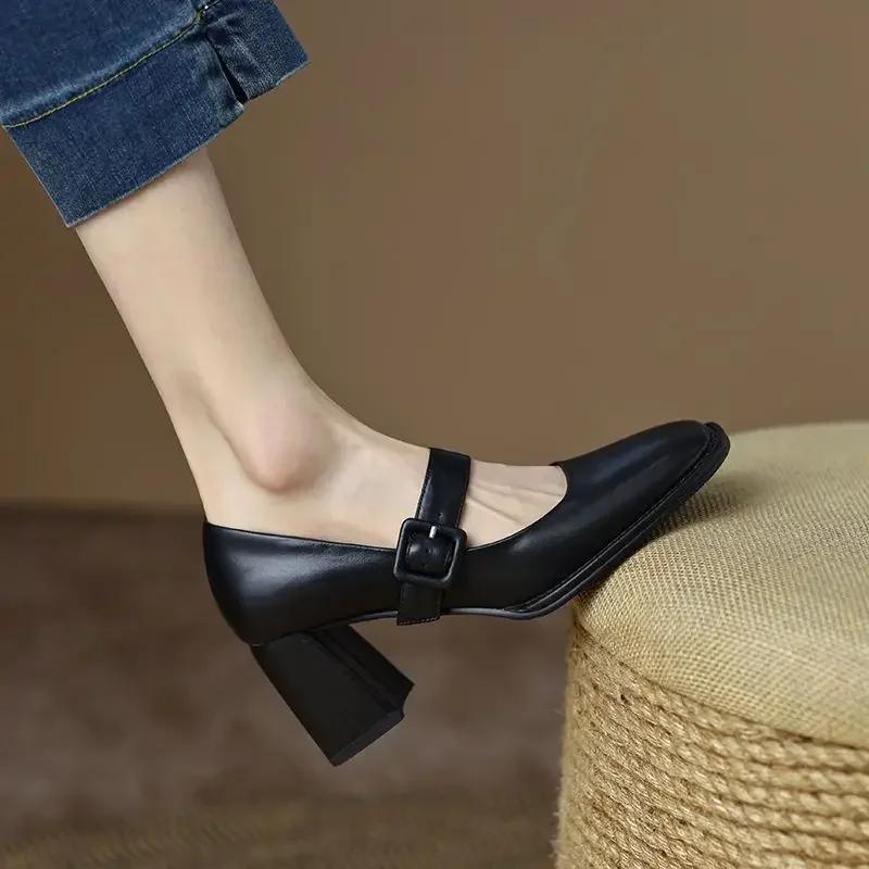Vintage Brown Single Shoe Women's 2025 New Shallow Slip-on High Heel Shoe Thick Heel Mary Jane Woman's Summer Flat