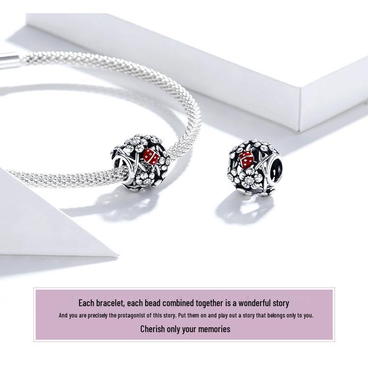 Trädgårdsfe S925 Sterling Silver Nyckelpiga Pärlor DIY Armband SCC1641