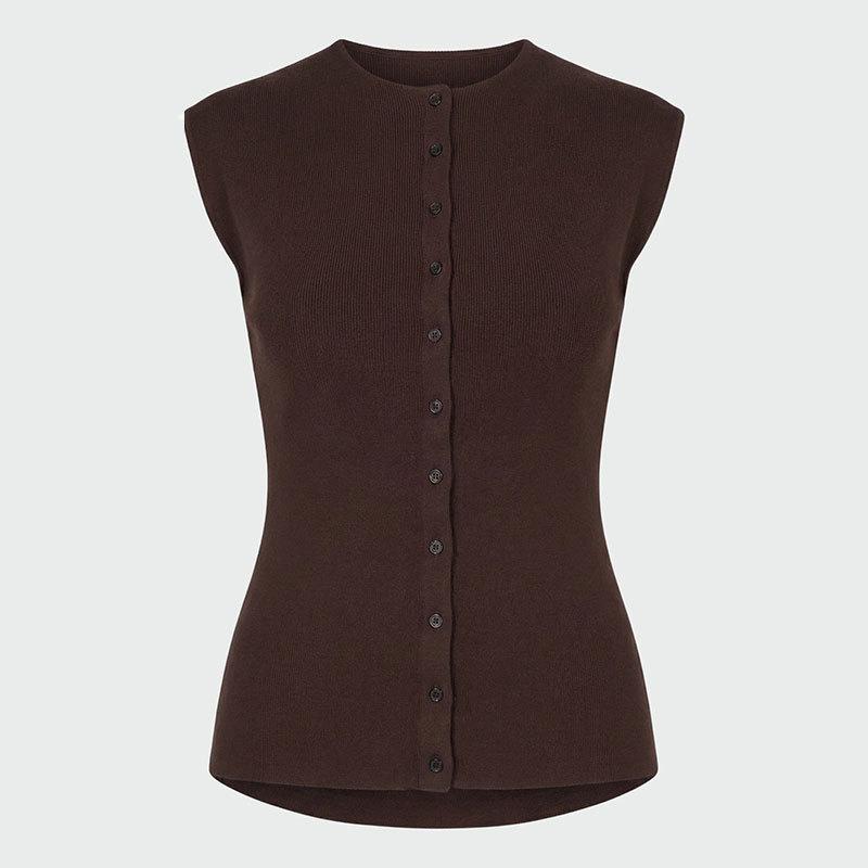 Europäische und amerikanische Damenbekleidung figurbetont schlicht Knopfleiste Strickpullover Cardigan Sommer ärmellos Rundhalsausschnitt Weste Westentop Damen