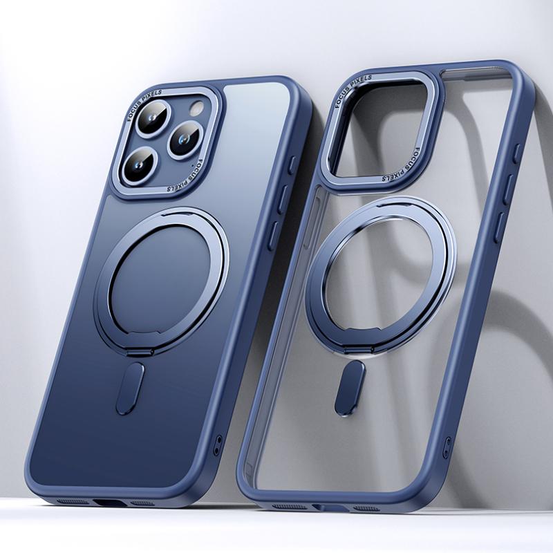 Magnetic 360°Rotation Stand Phone Case For Iphone 11 12 13 14 15 16 Pro Max 16Plus With Ring Holder Frosted Transparent Cover
