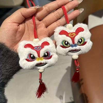 2pcs Chinese Lion Dance Pendant with Tassel - Cute Plush Lion Keychain, Bag Charm, Car Accessory, Spring Festival Decorations