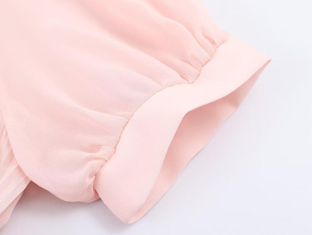 2026 Spring Women's European Style Pink Chiffon Long Dress with Short Sleeves