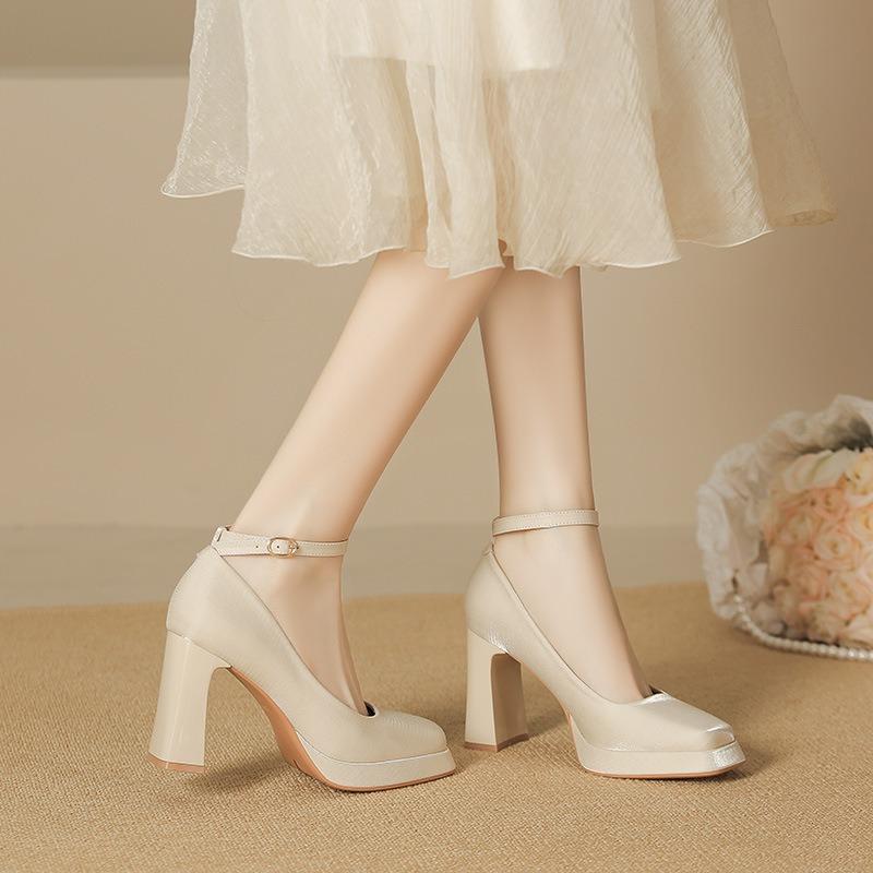 -1 Suede Mary Jane Shoes for Women and Women In Winter New Square Head Thick Heel Single Shoes Waterproof Table High Heels for Women