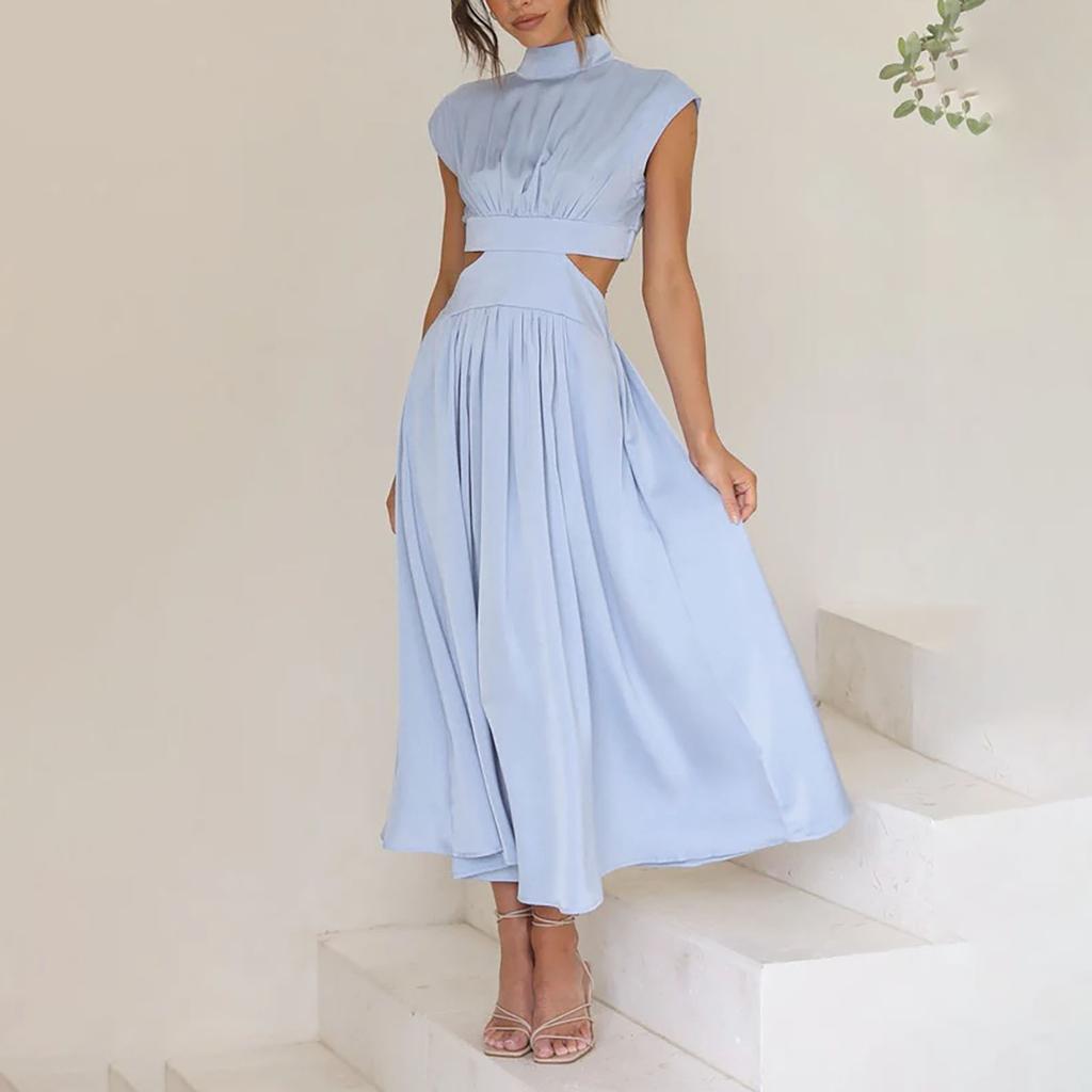 Women's Color Casual High Neck High Waist Maxi Pocket Open Waist Maxi Dress