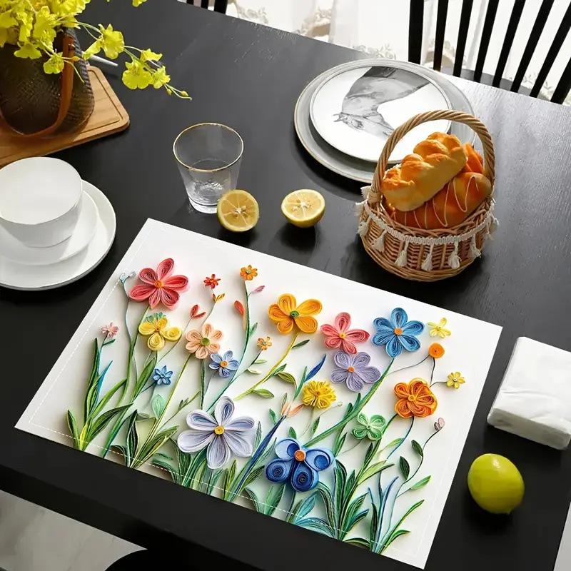 Tapis de table whimsy de jardin en coton et lin lavable illustration délicate tapis de table décoratif 6PC-32X42cm