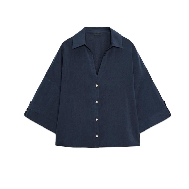 

Single-Breasted Lapel Wide Short sleeve Loose Shirts 8372226 With Belt Pleated Casual Shorts 8372444 Sea Blue Top M