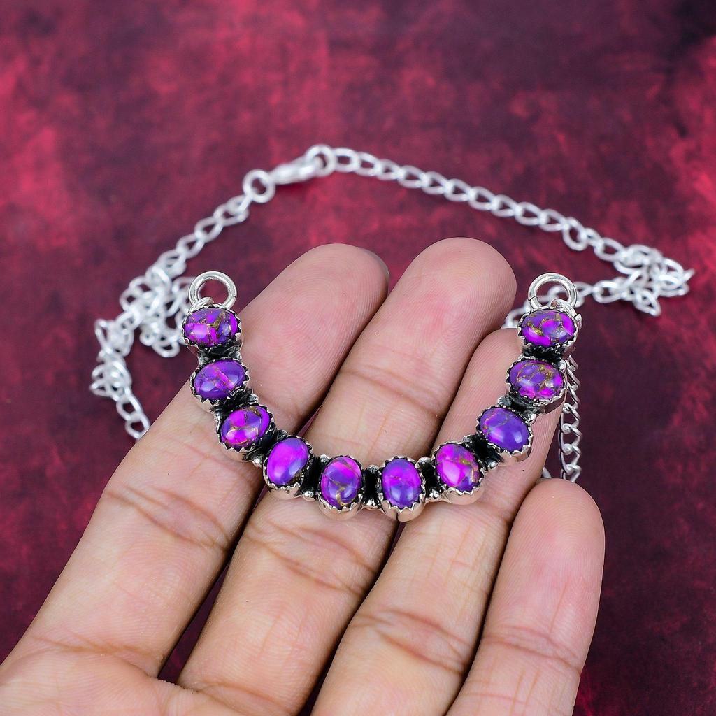 Purple Copper Turquoise 925 Solid Sterling Silver Necklace, Handmade Gemstone Jewelry Necklace, For Memorial Day