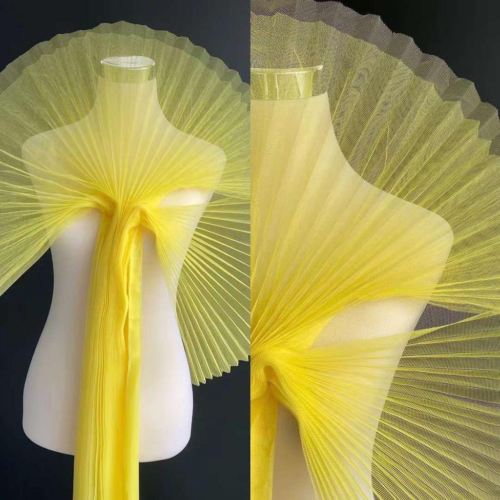 Graduated Designer Handmade Textured Stiff Net Yarn Pleated Fabric
