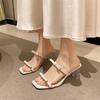 Fashion Clear Crystal Block Heel Outer Slippers 2025 Summer New Bow Square Toe Open Toe Platform One Word Mopping