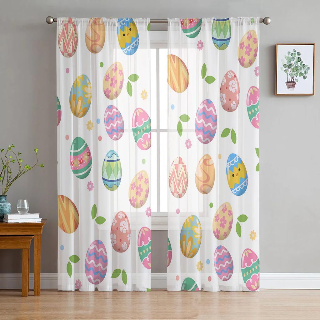 Happy Easter Curtains Bedroom Living Room Festival Decor Flower Bicycle Cartoon Rabbit Tulle Curtain Window Drapes Light Filtering Polyester Ideal For