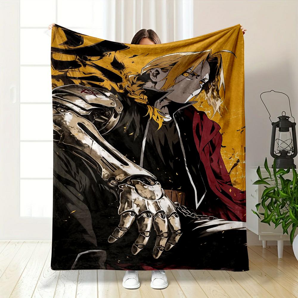 Blond anime character with metal arm design. Flannel blanket for bedroom, living room, sofa, and nap sofas.