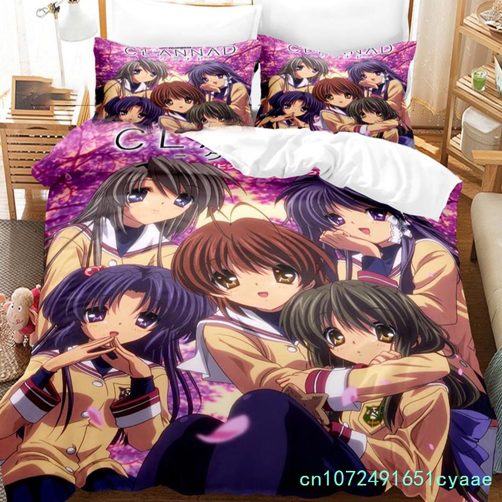 Anime Clannad Nagisa Furukawa Ložní souprava pro chlapce a dívky, velikost Twin Queen Size, povlak na peřinu a polštář, postel pro děti a dospělé, domácí textilní oblečení