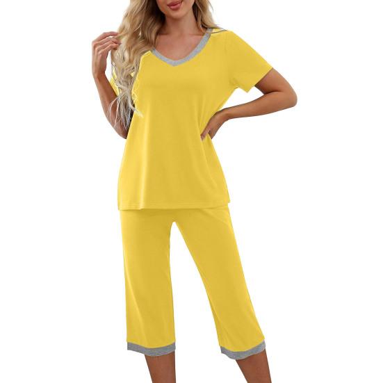 2 stk/sett Pyjamassett V-hals Kontrastfarge Kortermet løs hjemmeklær Elastisk midje Cropped Bukser Sommer