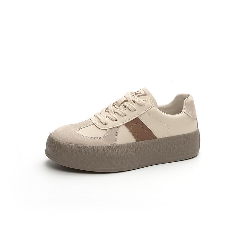 Color matching women's leather thick-soled white shoes autumn new light-mouth lace-up casual sports shoes